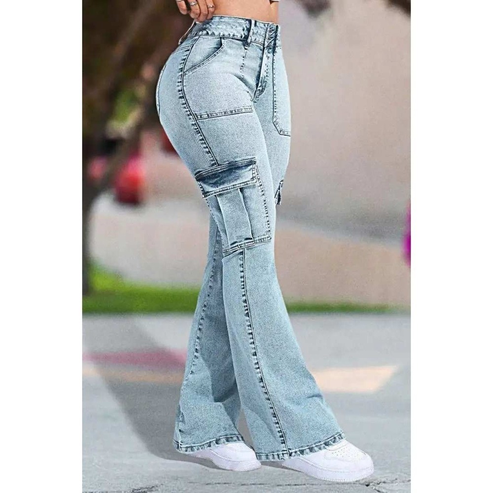 Flamingals Womens XS 24x30 Bleached Cargo‎ Streetwear Grunge Flare Leg Jeans